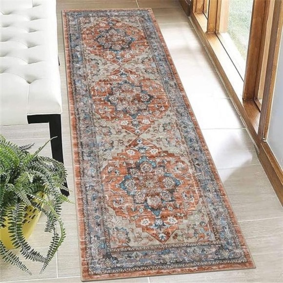Boho Non Slip Hallway Runner Rug Faux Wool Soft Fuzzy Washable Low-Pile Carpet - Picture 8 of 9